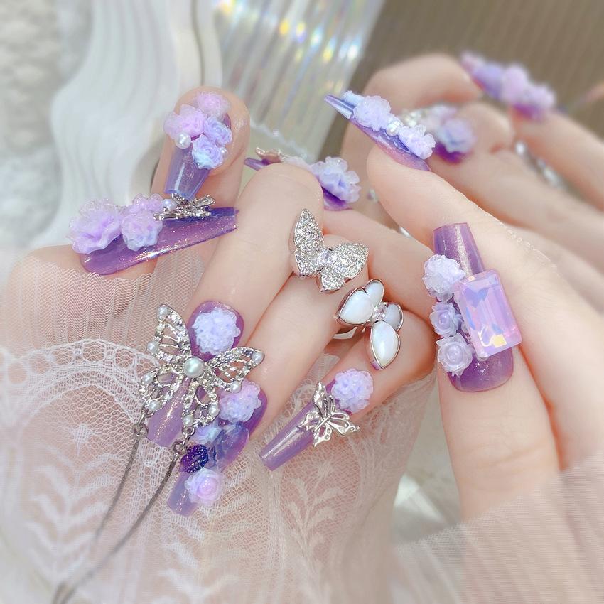 Mittlere Sarg-Press-on-Nägel mit Strasssteinen, wiederverwendbar, Vollabdeckung, Klebe-Fingernägel, Press-ons, Künstliche Falsche Nägel, Aufkleber-Nägel für Damen