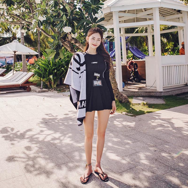 Korean Style Long Sleeve Skirted One-Piece Bikini Swimsuit with Sun Protection - Women's Conservative Slimming Swimwear