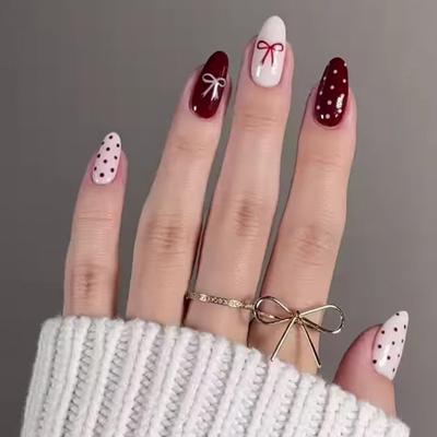 24Pz Unghie Finte Mandorla con Fiocchi e Disegni a Pois Unghie Press-on Decorazione Unghie Per Feste e Uso Quotidiano