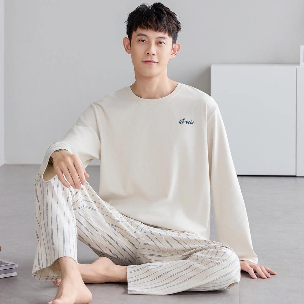 Men's Plus Size Pure Cotton Long-Sleeve Pajamas - Spring & Autumn Style for All Ages