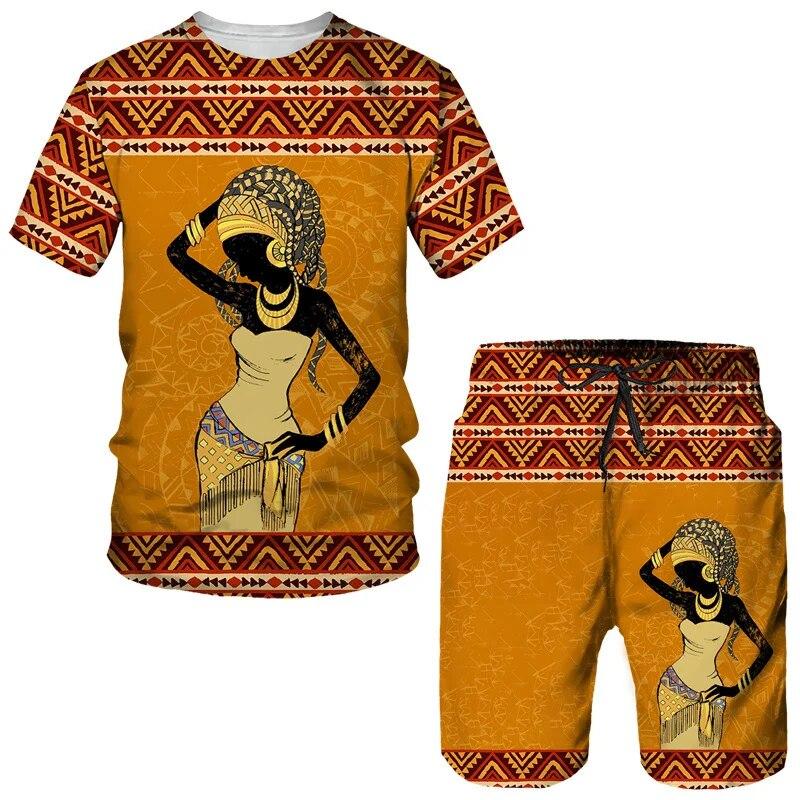 African Girl Graphic Seturi de tricouri pentru bărbați Tricou cu imprimeu 3D în stil etnic Pantaloni scurți Set din două piese Pulover supradimensionat Trening