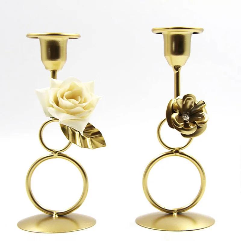 Nordic Rose Candlestick Metal Iron Crafts Wedding Candelabrum Flowers Ring Wax Candle Stand Dining Table Center Piece Decoration