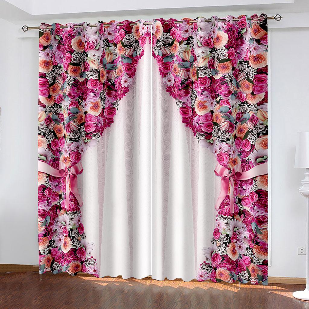Frühling Rosa Grün Blume Hochzeit Moderne Rose 3d 2 Stücke Kostenloser Versand Dünne Fenster Drapieren Vorhang für Wohnzimmer Schlafzimmer Dekor