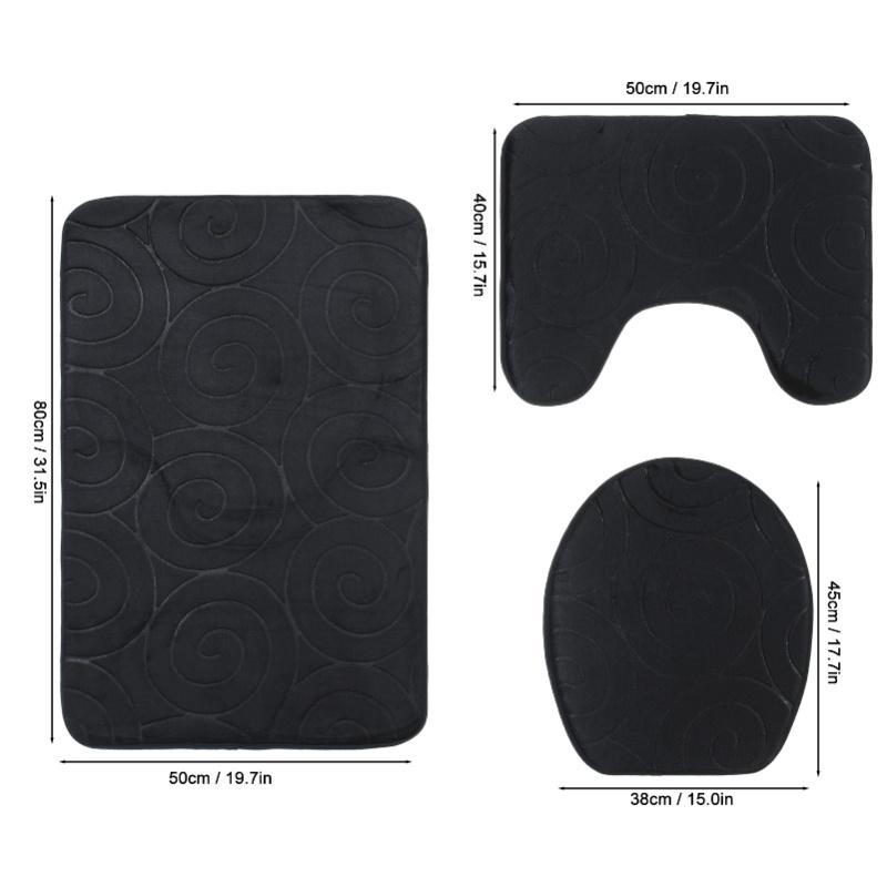 3 PCS Bathroom Mat Set Stone Embossed Toilet Lid Cover Floor Mats Bathtub Side Absorbent Carpets Black