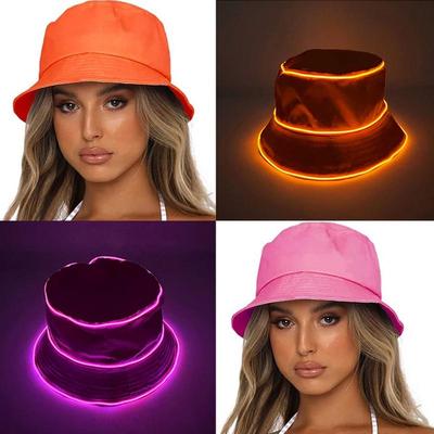 Unisex LED svítící vyšívaný klobouk bucket s logem a jednobarevnou rovnou horní částí
