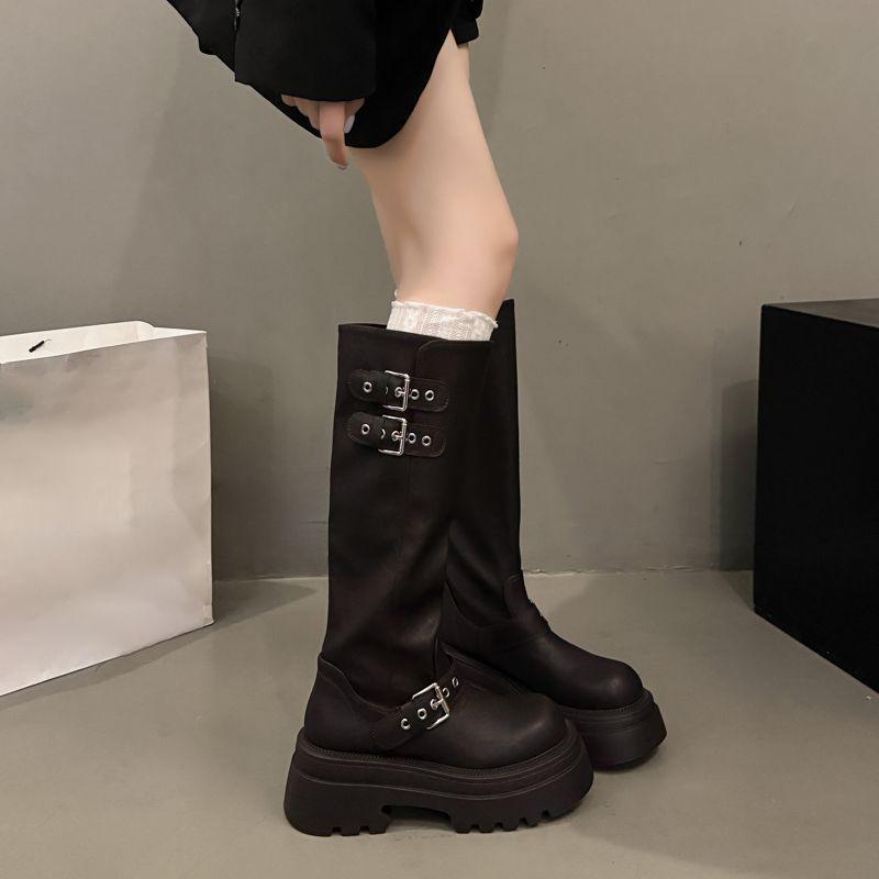 Internet Celebrity Explosion Belt Buckle High Boots Season Retro Style Comfortable Martin Boots Women