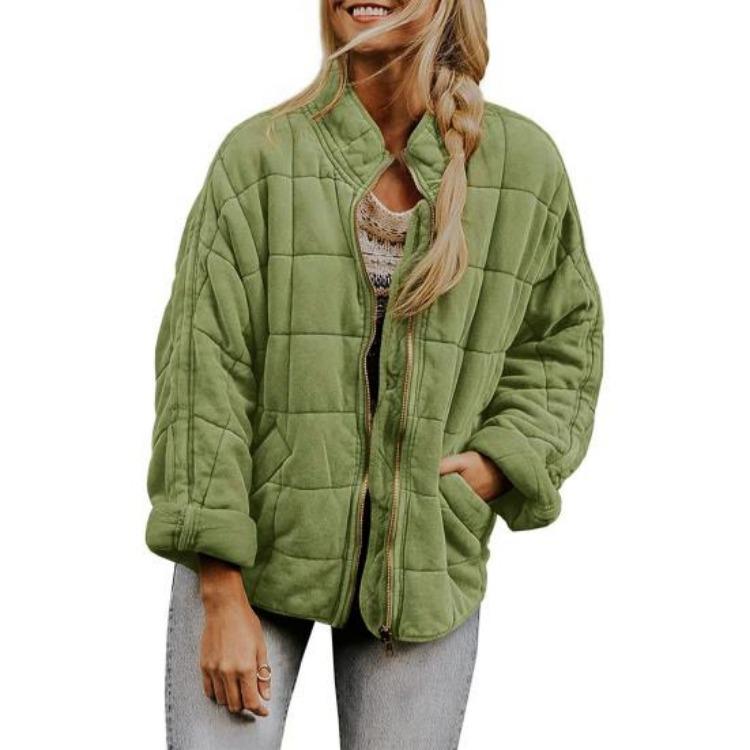 

Winter Warm Women Jacket Loose Fall Coat Casual Thick Cold Proof Soft Cardigan Long Sleeve Stand Collar Zipper Closure Pockets S зелёный