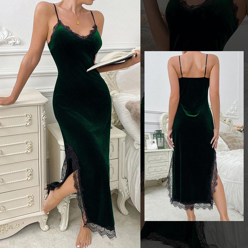 

Бархатные ночные рубашки кружевные сексуальные разрезные велюровые пижамы ночная рубашка нижнее белье женская домашняя одежда XS зелёный