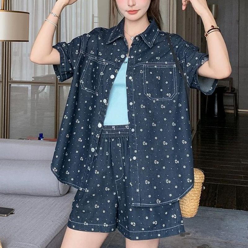 

2025 лето новые женские костюмы шорты джинсовый комплект из двух предметов повседневный с коротким рукавом женские наборы из 2 предметов XL синий