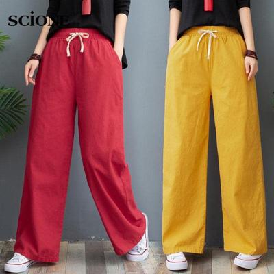 Pantaloni largi din bumbac, in, Pantaloni largi de damă cu talie înaltă, cu picioare drepte Pantaloni ocazionali de mărime mare