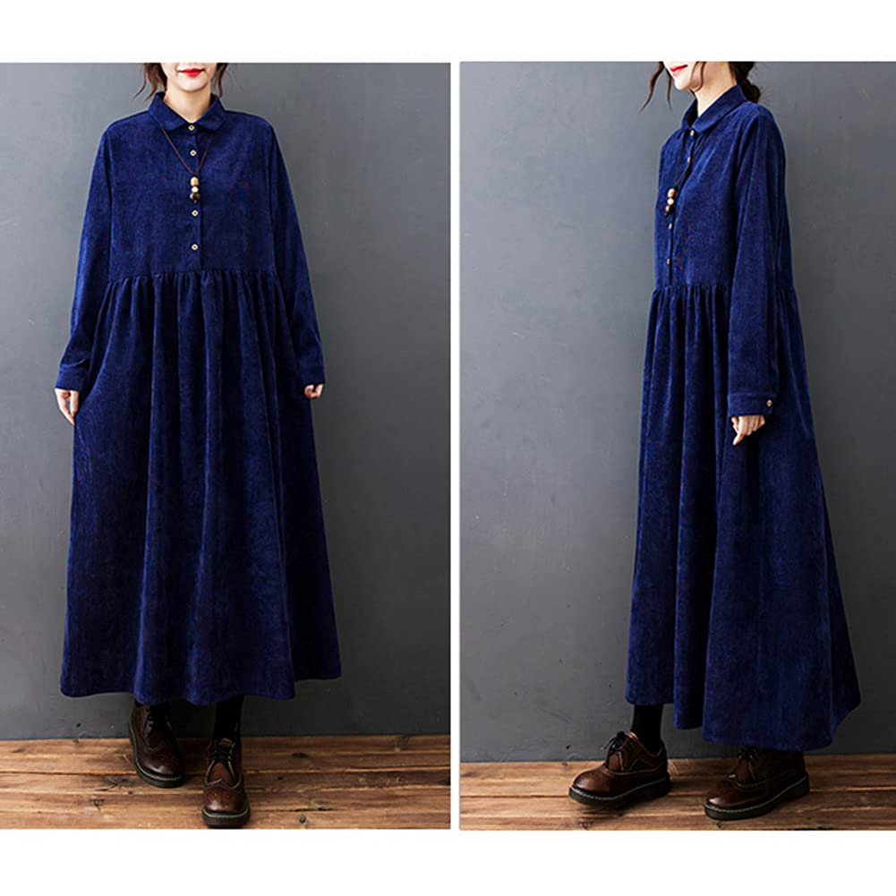 Corduroy Shirt Loose Long Maxi Plus Solid with Pockets [YYQ-SHOP] Women's Dress, Fit, Sleeves, Length, Spring, Autumn, Winter, Sizes, A-Line,