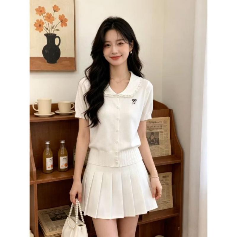 Summer New Style Bow-knitted Cardigan Casual Versatile Top Sweet Style Baby Doll Collar Short-sleeved Knitted Sweater for Women