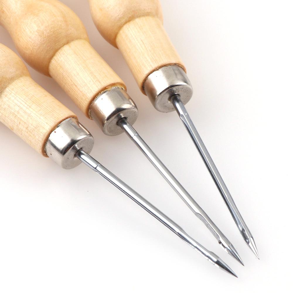2Pcsset Wooden Handle Sewing Awl Hand Stitcher Leather Punch Tool Diy Shoe Repair Hook Leather Accessories
