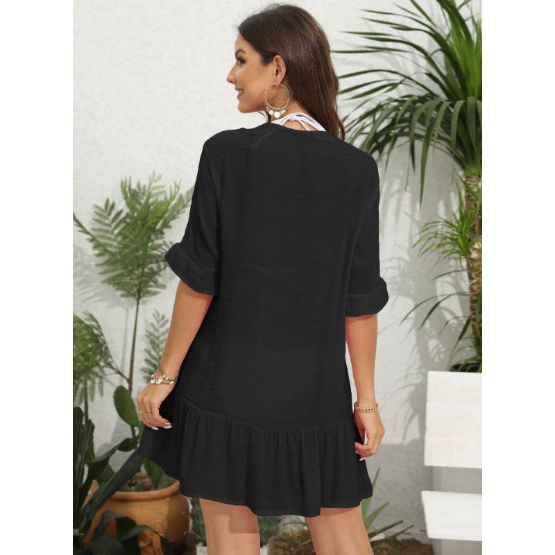 Women's V Neck Ruffled Buttons Beach Smock Cardigan Casual Dress