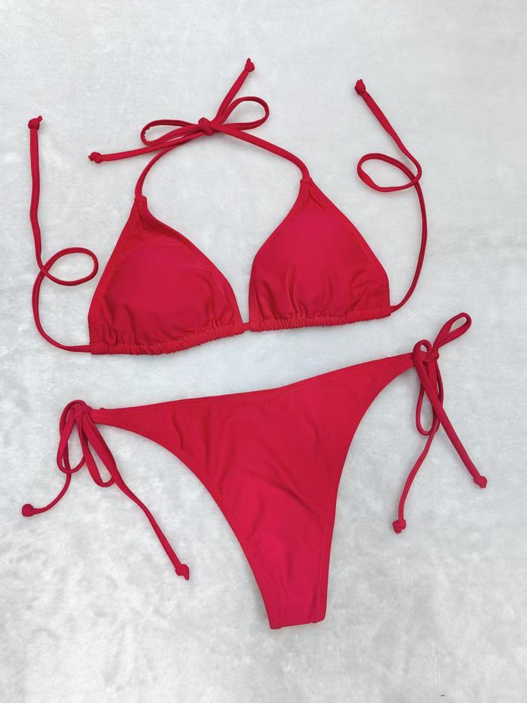 2025 Triangle Cup Lace-Up Thong Bikini Swimwear - Solid Color, European & American Style