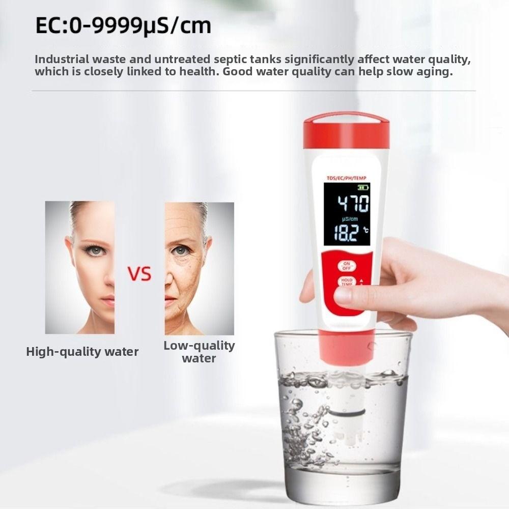 4-in-1 Water Quality Tester LCD Digital Display Multifunction PH/EC/Temperature Meter Waterproof 0-9999PPM Digital PH Meter