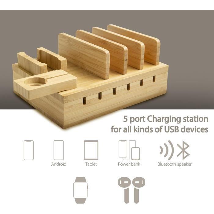 Station de charge - generic - techdot - 5 ports usb - bambou naturel - charge rapide intelligente