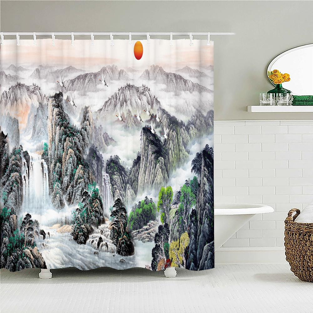 Japanse Douchegordijn 3D Inkttekening Badkamer Gordijn Waterdicht Met Haken 180*240Cm Douchegordijn Polyester Stof