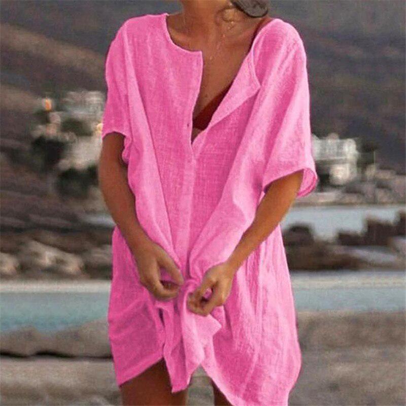 Women's Casual Short Sleeve Shirts Basic Pockets V-neck Blouses Ladies Solid Color Loose Cotton T-shirts