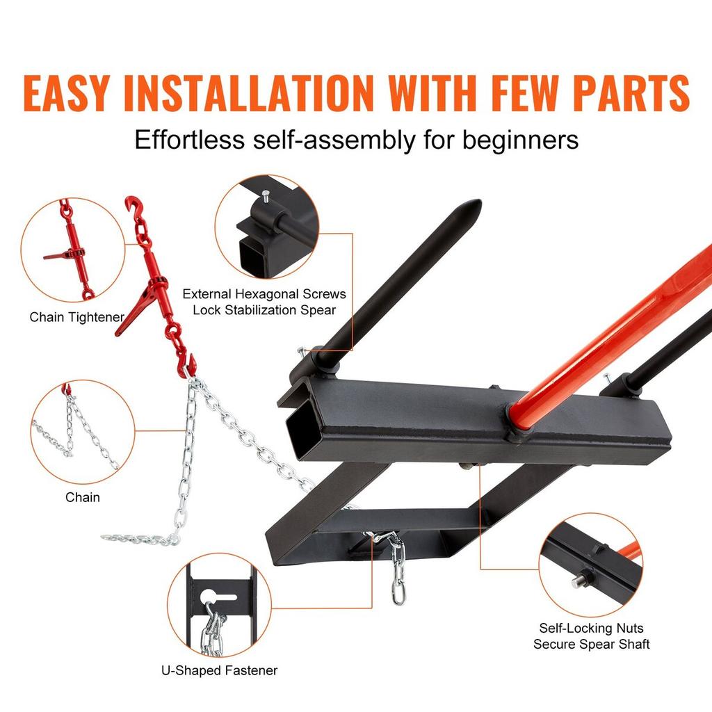 39" Hay Spear, Bale Spears 1600lbs Loading Capacity, Skid Steer Loader Tractor Bucket Attachment with 2pcs 17.5" Stabilizer Spears and 60" Chain,