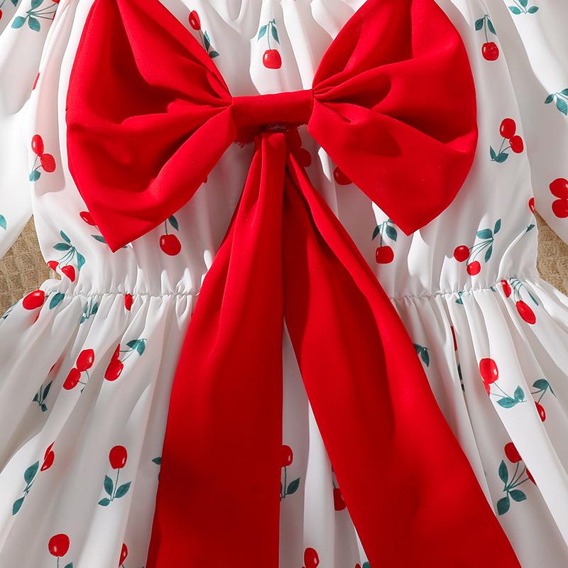 Summer Children's Princess Dress with Bow Print Long-sleeved Dress