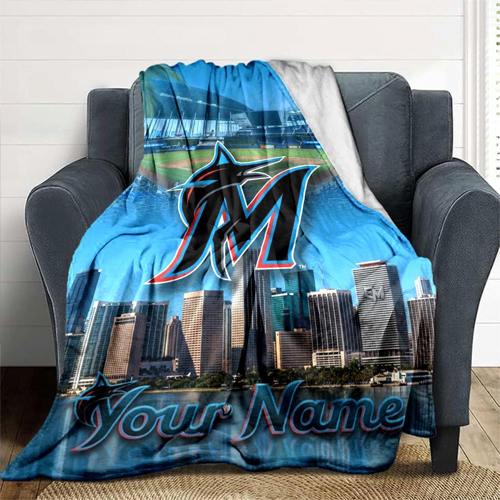 Name Custom Miami Marlins Print Flannel Blanket High Quality Warm Comfortable Cover for All Seasons Perfect for Gifts Home Decor