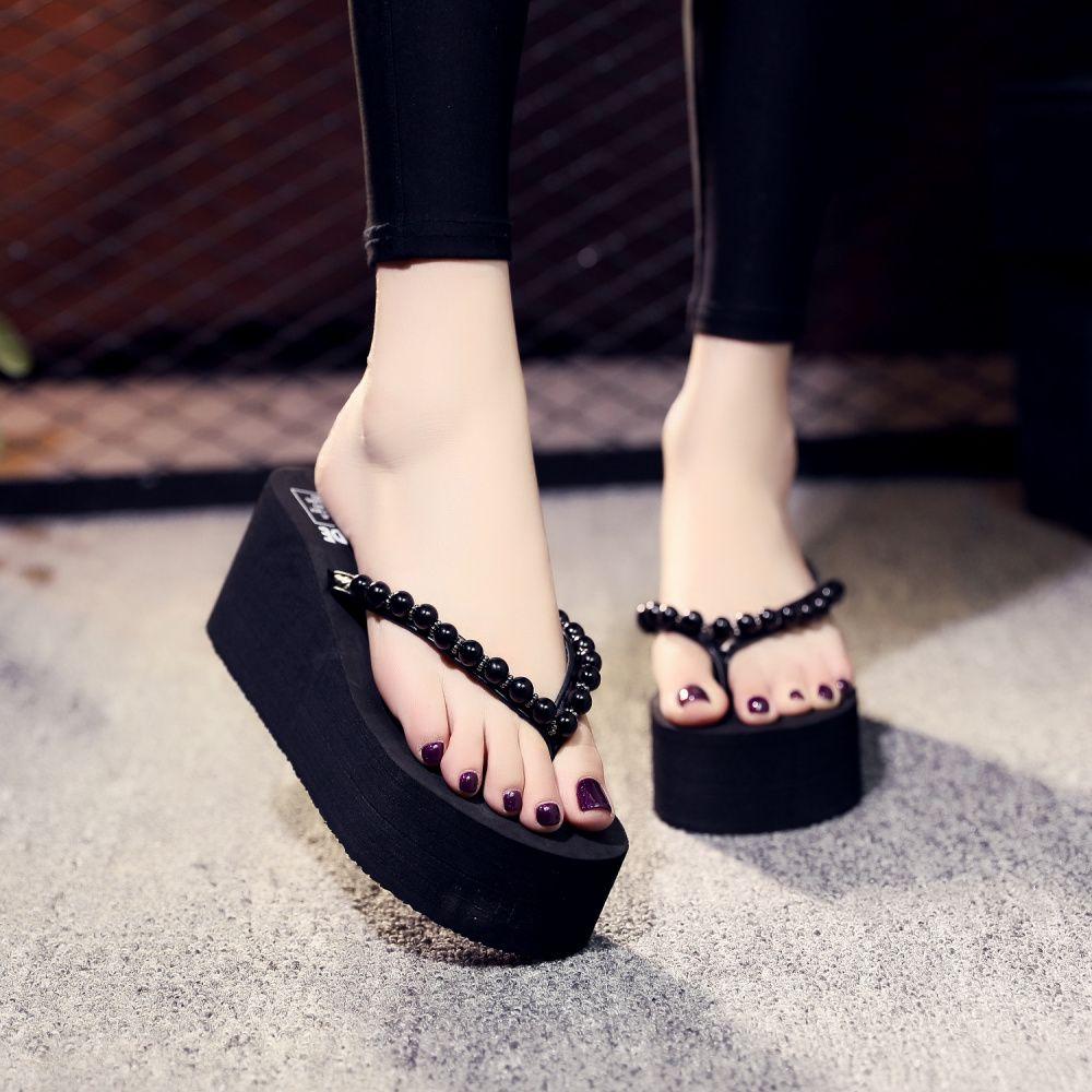 Platform Shoes for Women Flip Flops Slides On Beach Pearl Heeled Woman Slippers Slip-resistant Top Designs Sandals Korea Style