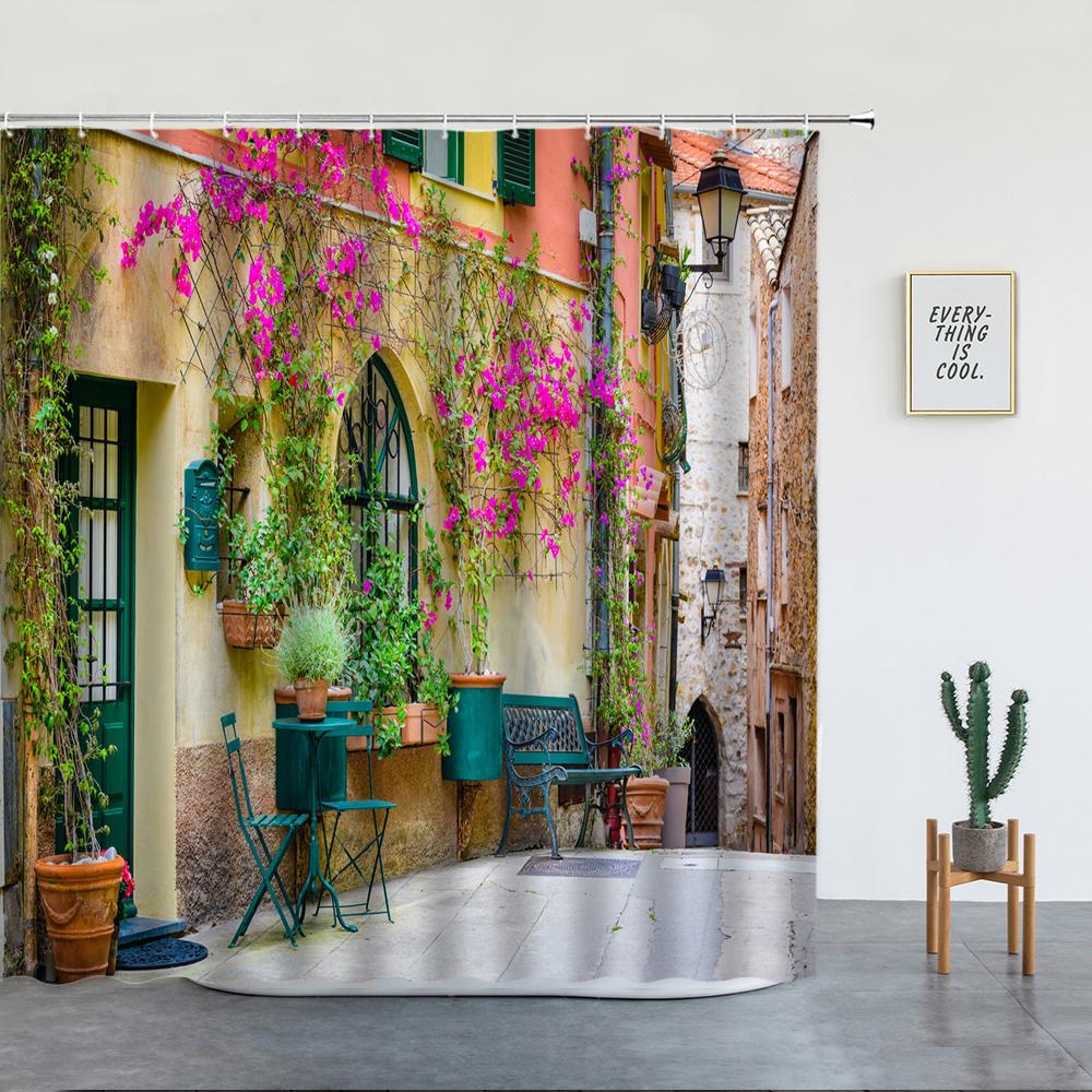Landschaft Straße Blume Duschvorhang Retro Italienische Altstadt Architektur Floral Wasserdichtes Tuch Badezimmer Vorhänge Dekor Haken
