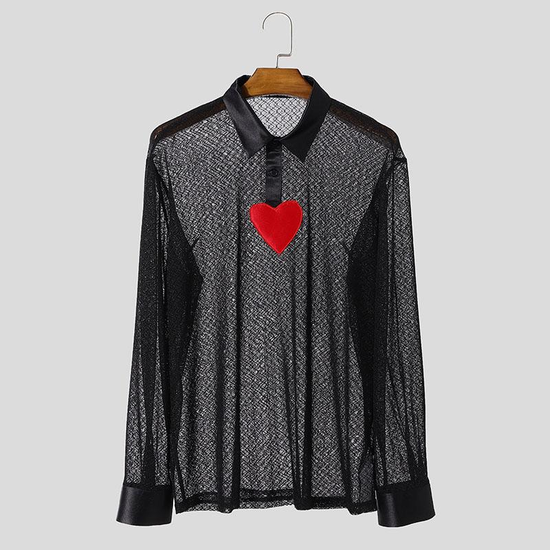 

INCERUN Мужские кружевные футболки с длинным рукавом, сетчатые прозрачные топы с лацканами и принтом M