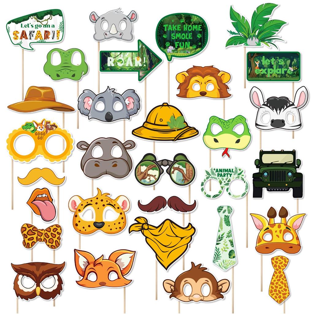 60 STÜCKE Tier Requisiten Set Papier Spaß Dschungel Party Selfie Dekorationen Themenparty Zubehör für Babyparty Geburtstag