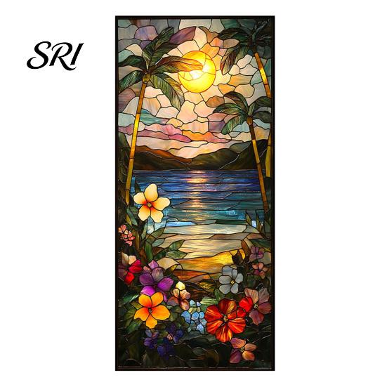 Indoor Outdoor Window Cling Privacy Film Stained Glass Flamingo Tropical Static Clings Heat Control Door Temporary Sticker Covering with Palm