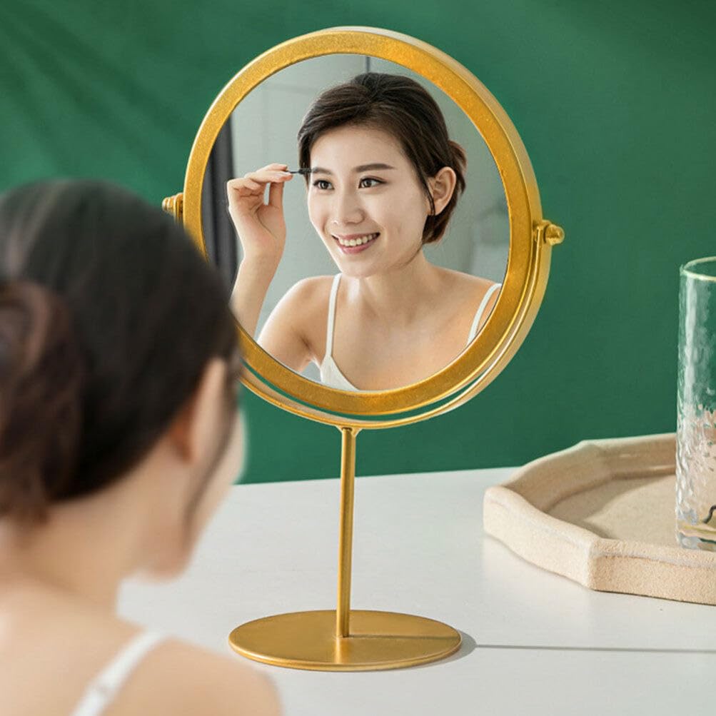 LALAFINA Tabletop Stand Mirror, Round, Compact Design with Stable Base, for Dressers, Gold, 27 x 19 x 10 cm