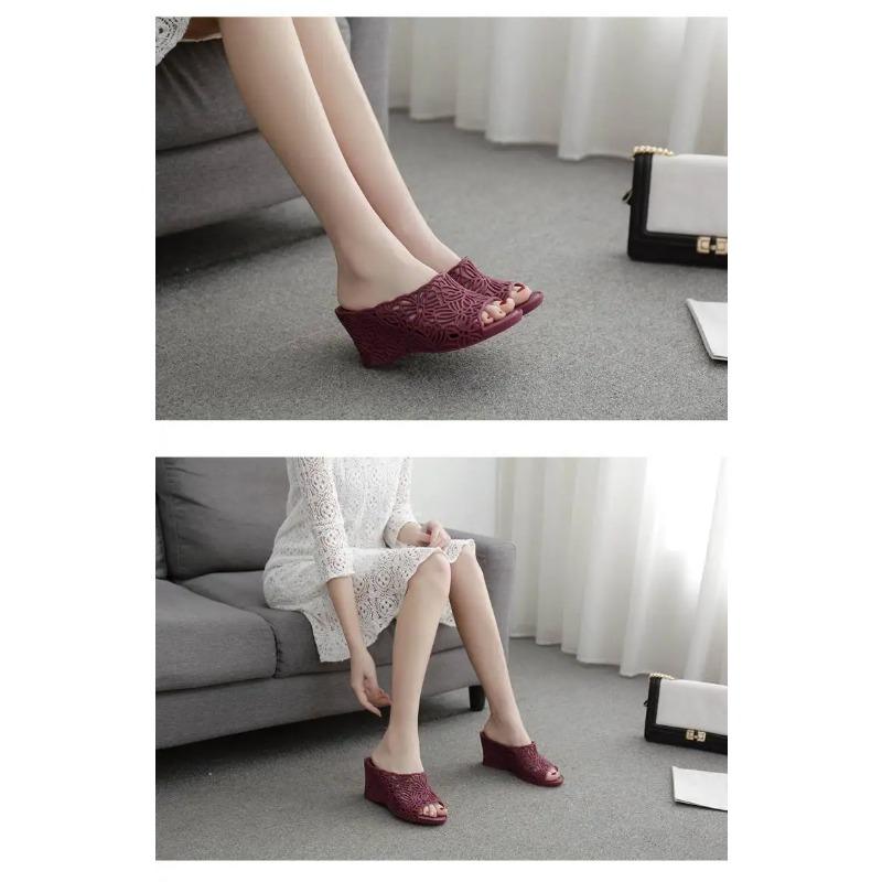 Vkwwhy High Heel Platform Hollow Jelly Slippers Women's Non Slip Plastic Wedge Sandals Fashion Outdoor Wear Thick Soles