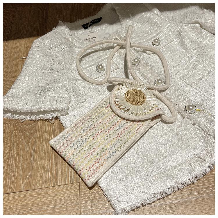 Damen Strandurlaub Umhängetasche: Gewebtes Baumwollseil Blumendesign für Handy & Münzen