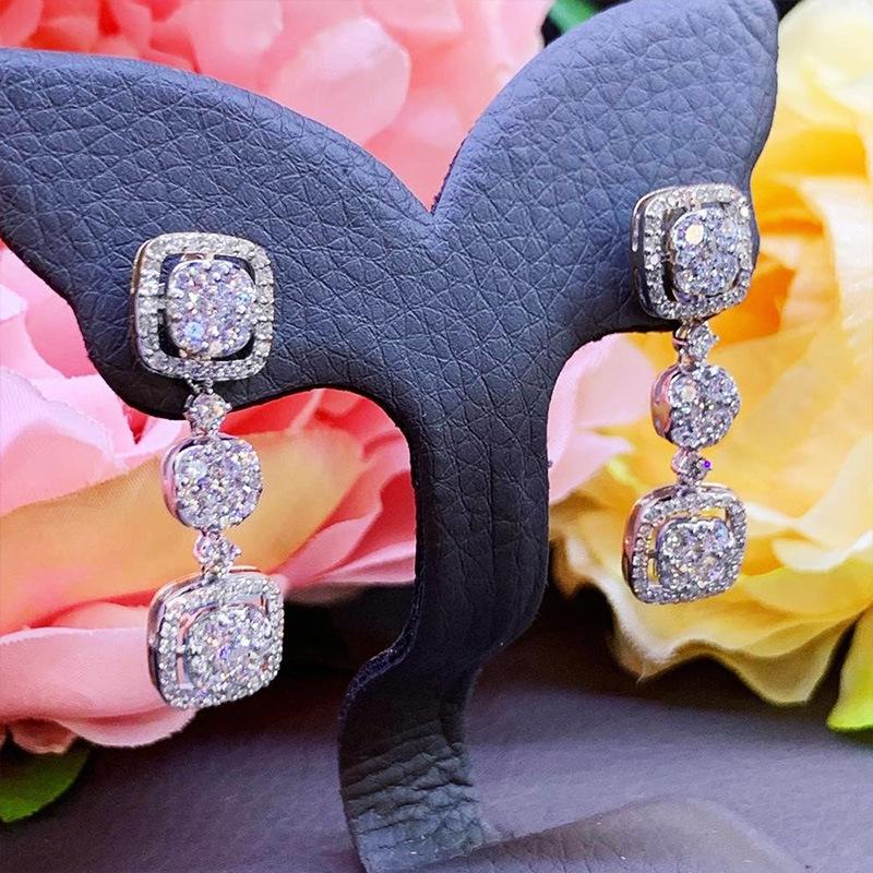 Halo Cushion Square Linked Dangle Earrings Full Pave Round Cubic Zirconia Silver Tone Long Formal Evening Ladies Accessories