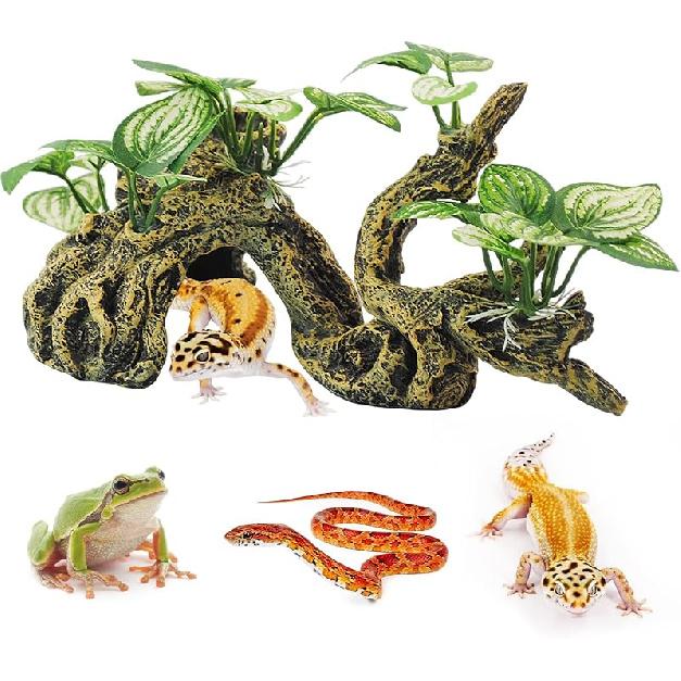 PINVNBY Branches for Reptiles,Crested Gecko Resin Climbing Tree Branch with Hideout Cave Bearded Dragon Tank Accessories Lizard Terrarium Habitat