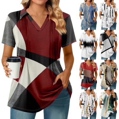 Camisetas femininas de manga curta, plissadas, decote em V, estampa, gola alta, verão, moda, negócios, casual, trabalho