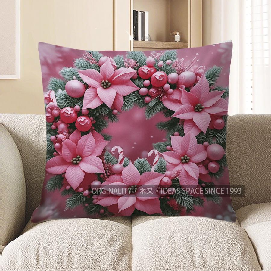 Home Decor Pink Poinsettia Christmas Tree Pattern Pillow Pattern Cushion Cover Suitable For Sofa Bedroom Car Pillow Cover