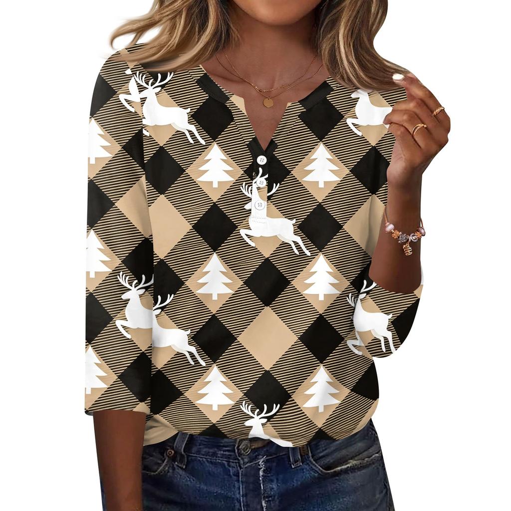 Women's Christmas Print V-Neck Three-Quarter Sleeve T-Shirt with Button Casual Holiday Top