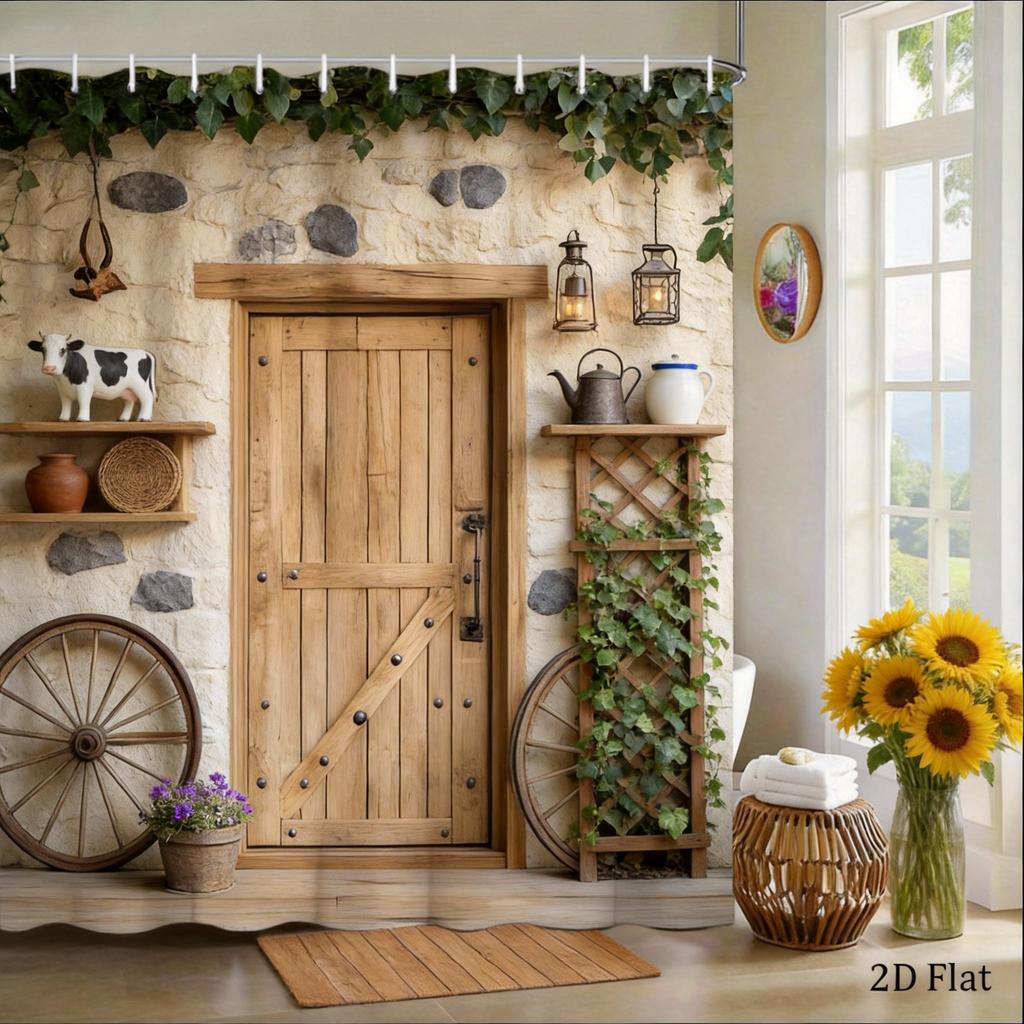 Farmhouse Shower Curtain 180x180cm – Rustic Wood Wheel & Barn Door Design, Country Bathroom Decor, 12 Hooks