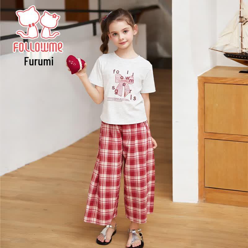 Girls  Plaid Wide-Leg Pants Two-Piece Summer Set 140