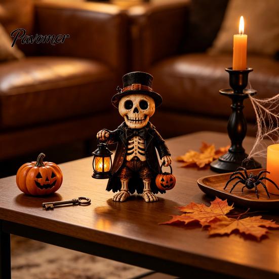 Atmospheric Window Displays Wooden Halloween Figurine with Lantern, Pumpkin Scarecrow Skeleton Mummy Ghost Witch Seasonal Tabletop Accessories Statue,
