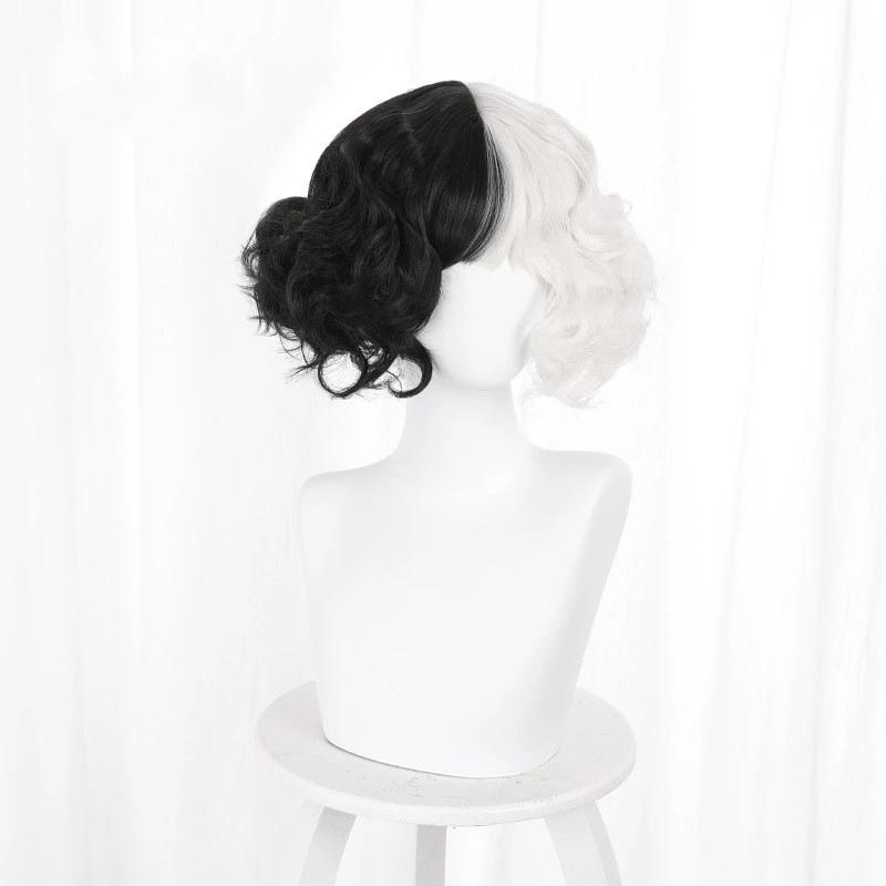 Cruella De Vil Kuila Half Black Half A Hundred Small Short Curly Cos Synthetic Wig Caps for Making Wigs Danganronpa