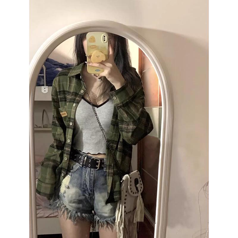 2024 Women's Retro Green Plaid Shirt Jacket - Spring/Autumn Design