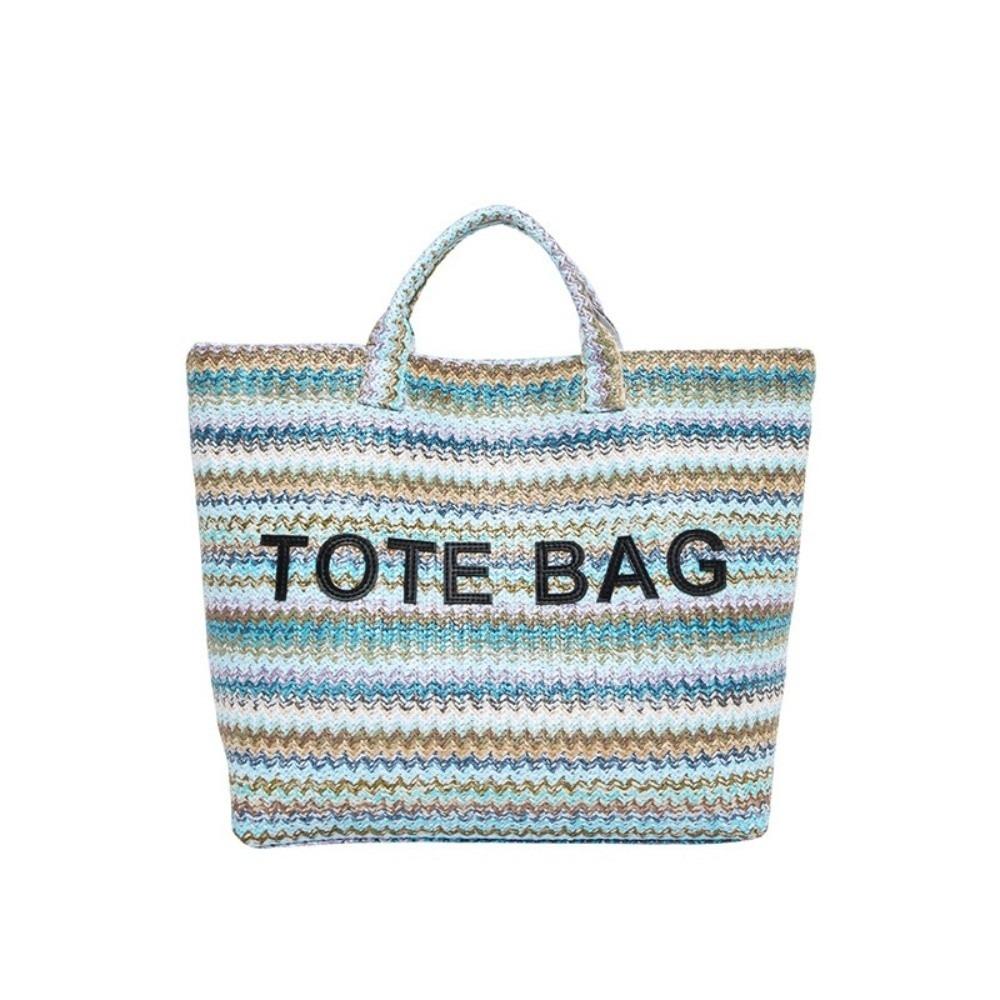Contrasting Color Letter Prints Handbag Large Capacity Beach Bag Straw Woven Tote Bag  Fitness Bag синий
