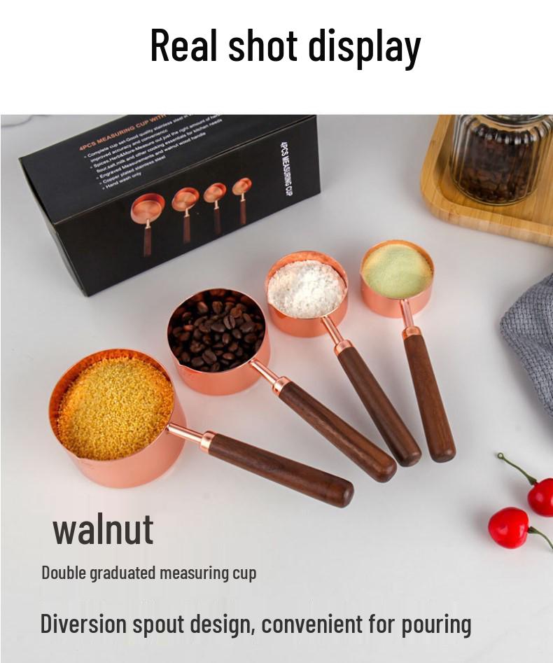 Gold-Plated Stainless Steel Measuring Cups & Spoons with Solid Wood Handles and Scale Markings for Baking.
