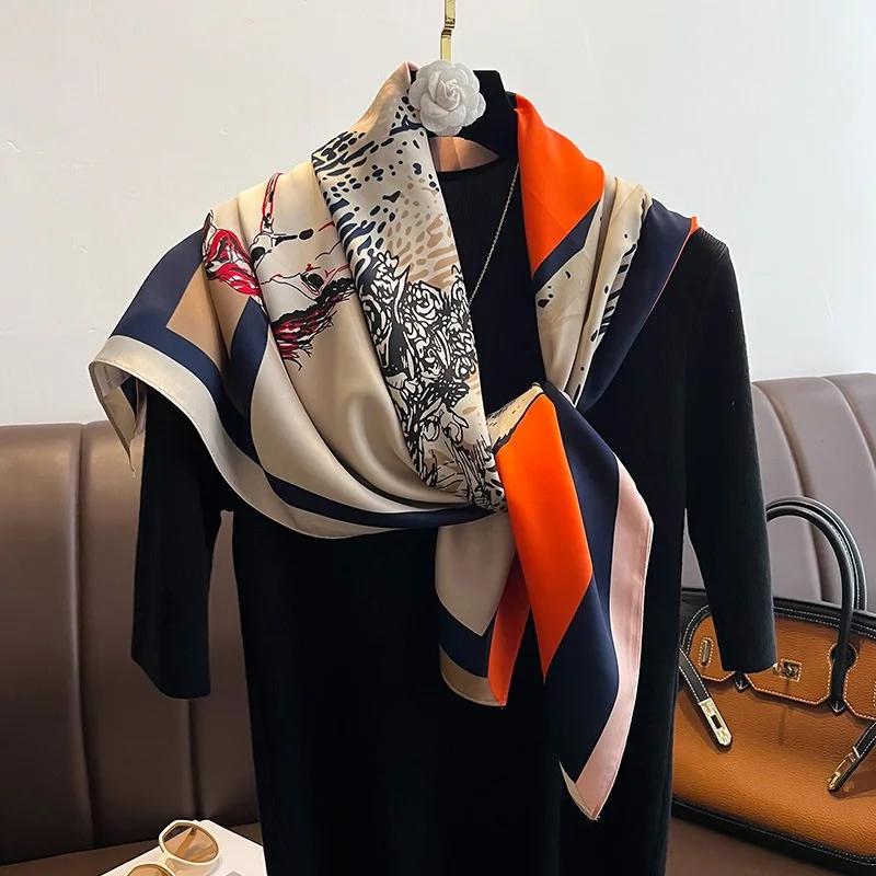 Square Scarf Handmade Shawl Headscarf Curling Geometric Striped Temperament Women'S Professional Square Silk Sunscreen New 90Cm