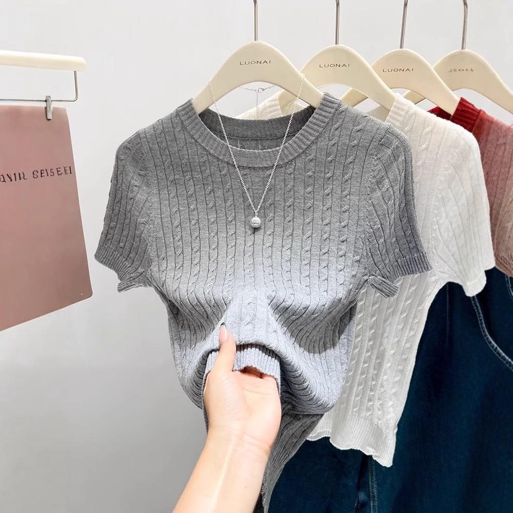 Women's Dark Blue Slim Fit Knit T-Shirt - Short Sleeve, Lightweight Summer Top.
