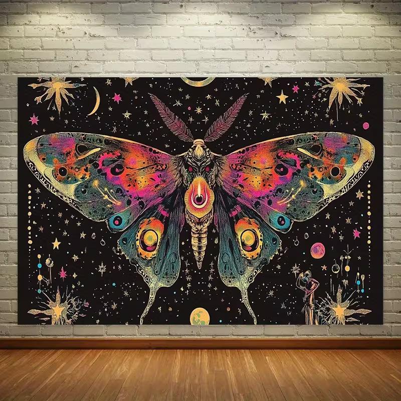 2D Mystical Tapestry - Vibrant Lunar Moth, Astrology Symbols & Starry Night Wall Art