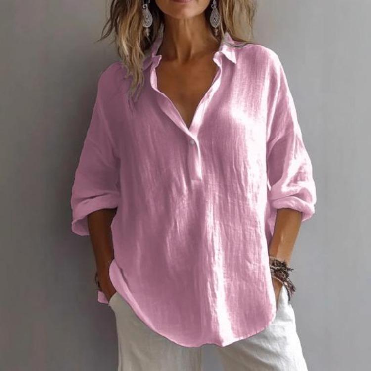 Lightweight Breathable Casual Blouse Loose Fit Women Shirt Lapel V Neck 3 4 Sleeve Pullover Tops Solid Color Daily Wear